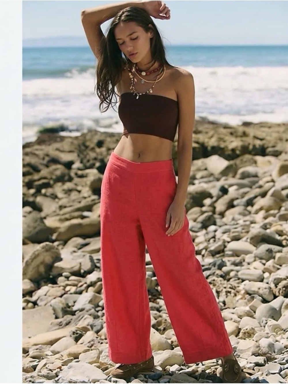 Free People free-est Demi Cotton-Linen Wide Leg Pants Watermelon Red Lounge XS